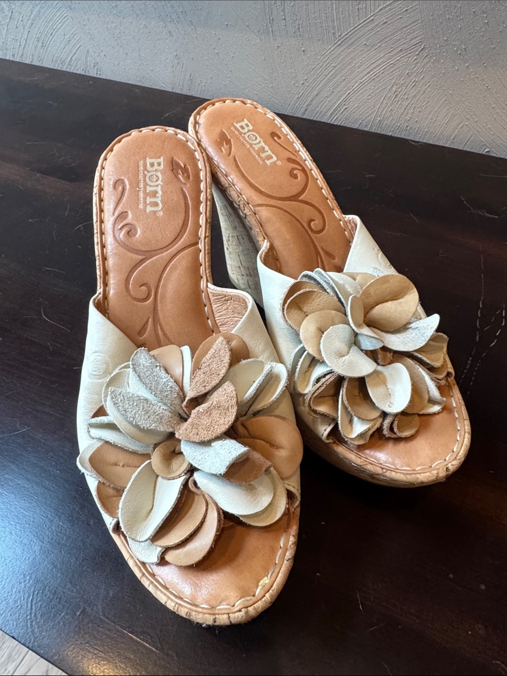 Born Cream & Tan Floral Leather Wedges